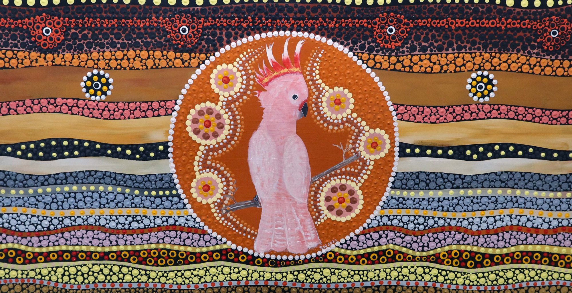 Artwork by Robb Wang with a central bird motif and layered patterned bands
