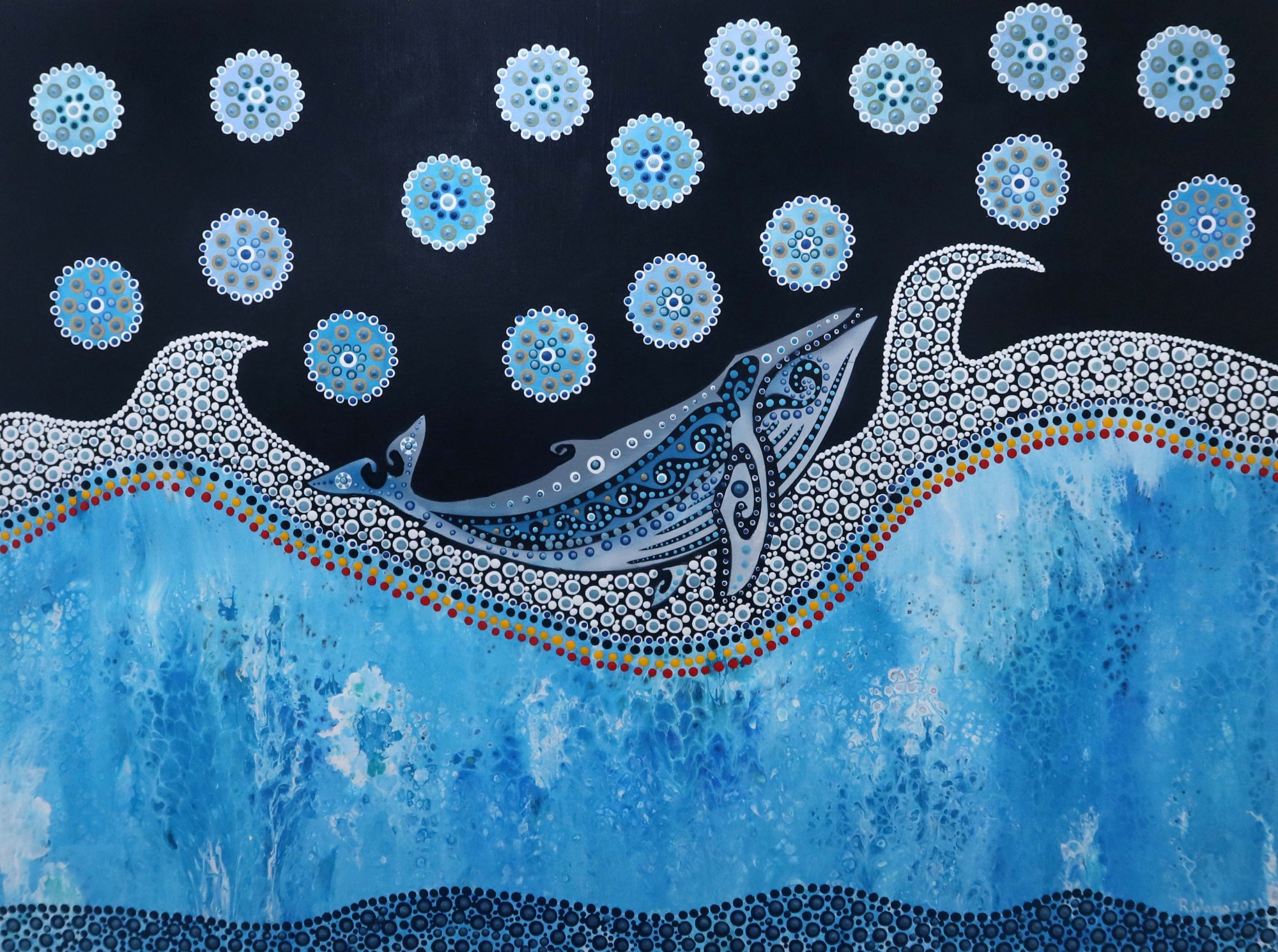 Artwork by Robb Wang with a central lizard and circular dot motifs