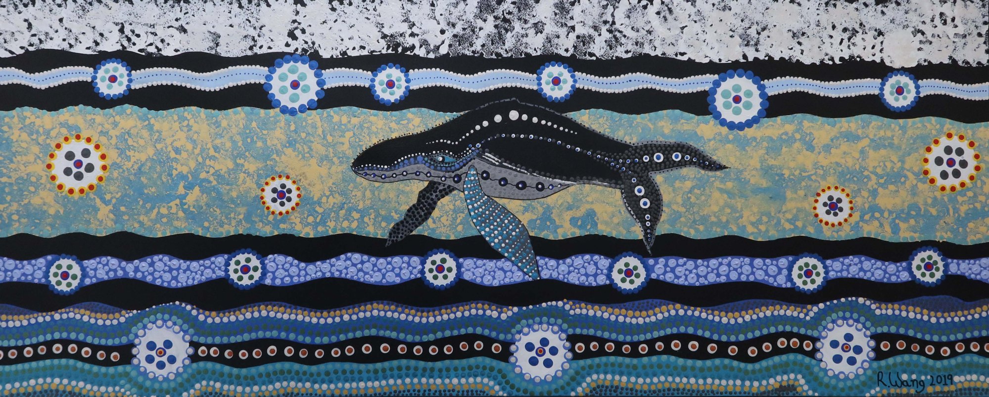 Circular blue artwork by Robb Wang featuring a dolphin